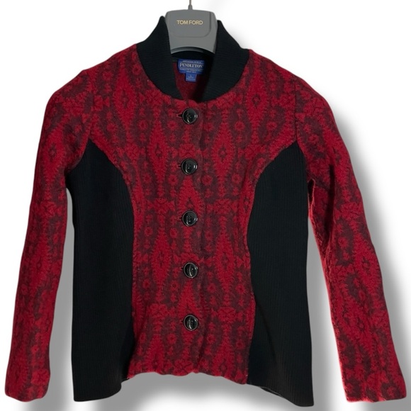 Pendleton Red Black Wool Southwest Cardigan Button Up Jacket Aztec Western LP - Picture 4 of 7
